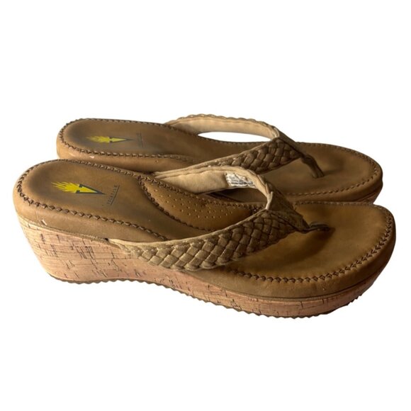 Volatile Woven Cork Wedge Sandals Tan Sz 10 Braided Strap Open Toe Faux Leather - Picture 2 of 12